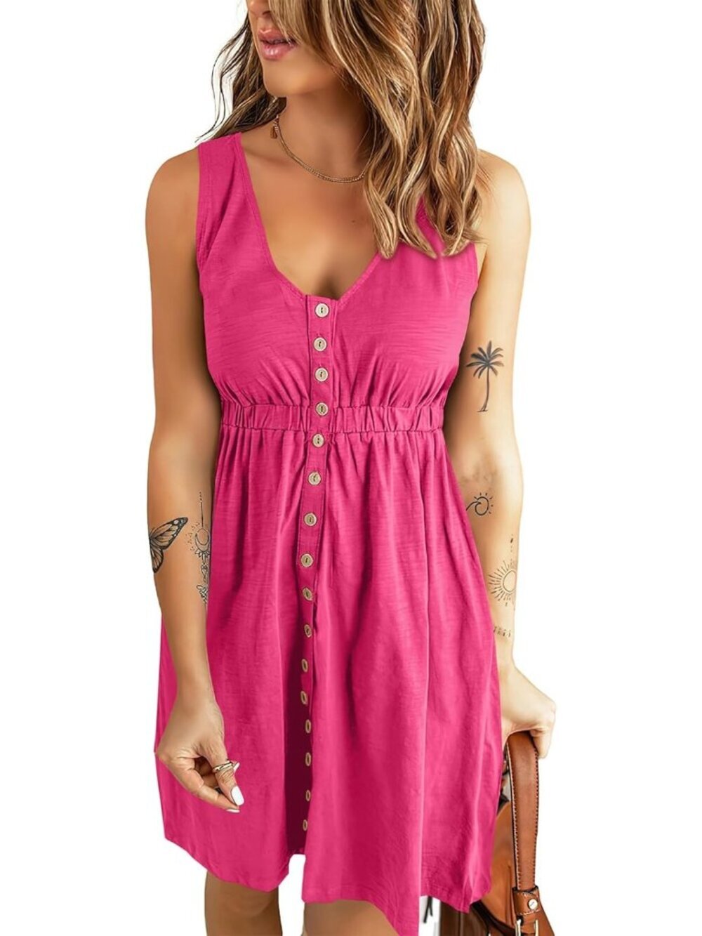 Women's Rose Red Spring Clothes Sleeveless Crew neck Mini Flowy Sun Dresses